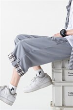 2023夏华夫格男无影墙大码休闲宽松翻边搭扣格子七分裤K23863-P35图片