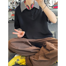 假两件格子拼接短袖T恤男夏季潮牌polo衫美式衬衫领T3652特价P30，男装T恤，电商A007