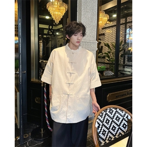 8XL-M 新中式衬衫男中山装麻棉风复古中袖衬衣唐装CS527P60图片