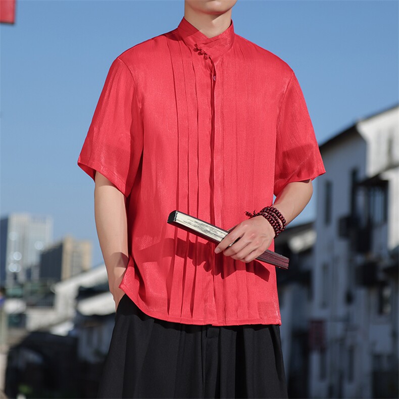 新品风条纹褶皱轻薄透气夏季休闲手工盘扣高领短袖上衣30507,男装T恤,星座305A（原312A-1）