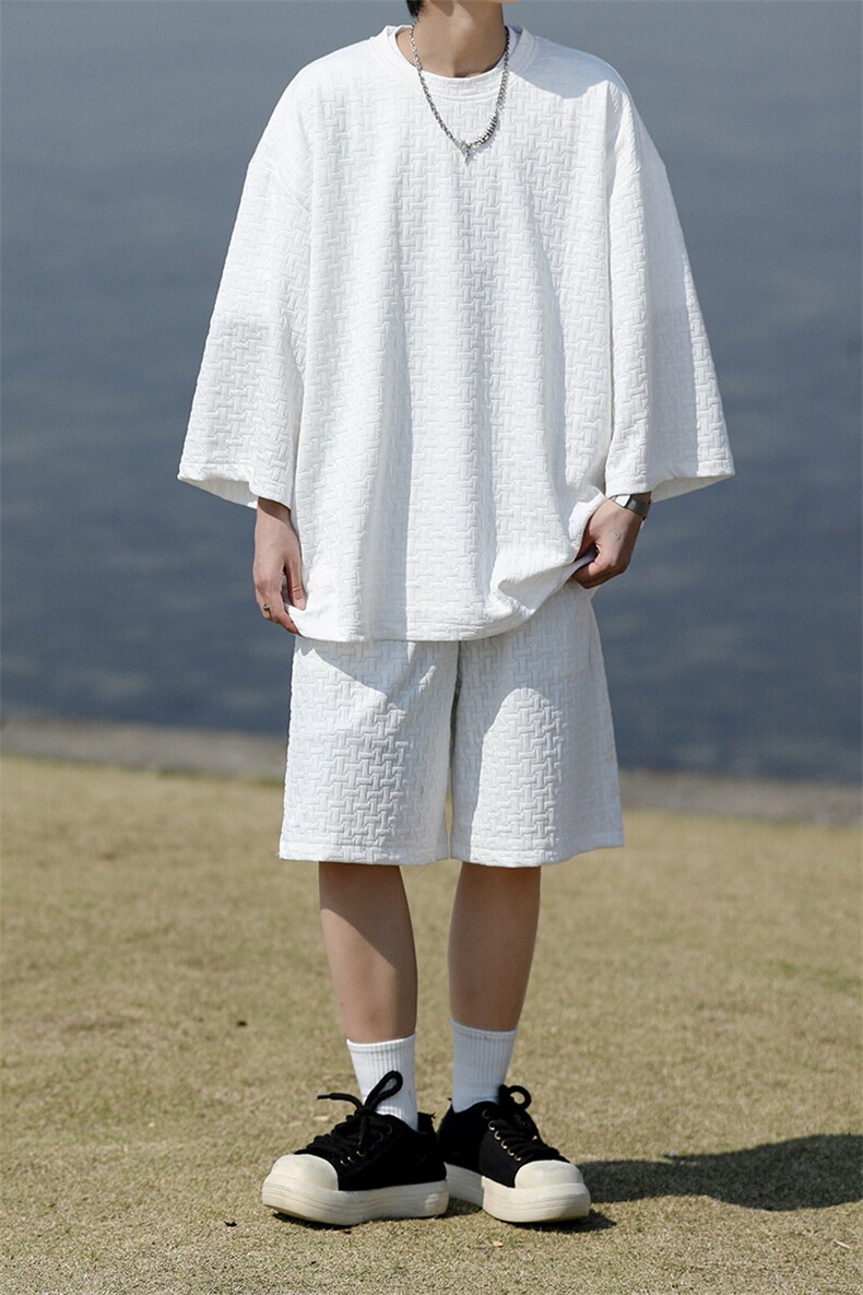 8XL-M高级感纹理短袖套装男夏季慵懒风T恤短裤两件套TZ108P78,男装T恤,电商D206-1