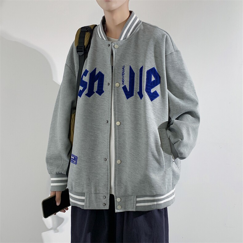 秋季潮牌棒球服男女潮流港风学院风华夫格夹克外套模特J202-P75图片