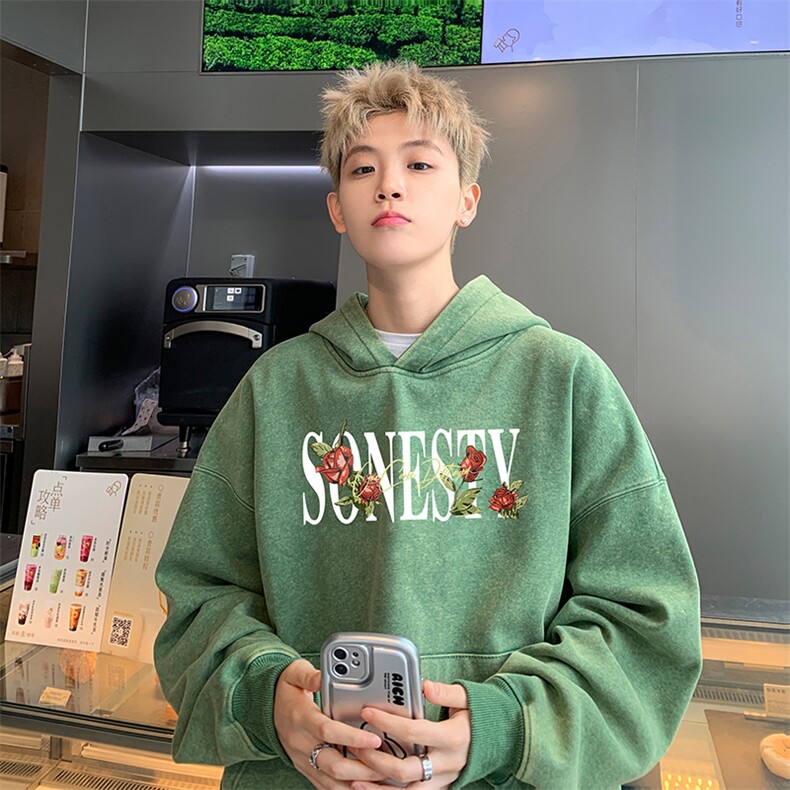 得物抖音高品质二开360克重磅做旧炒雪花纯色连帽水洗卫衣16027,男装卫衣,电商A486