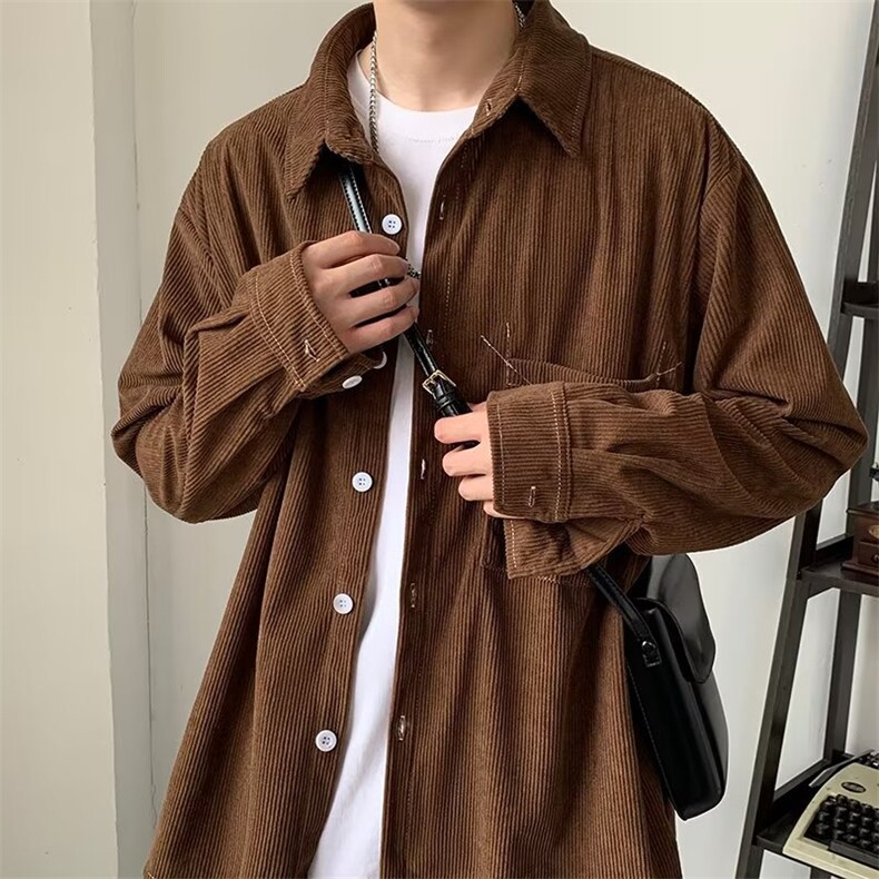 男秋季复古灯芯绒长袖衬衫日系潮流口袋衬衣FA12P38图片