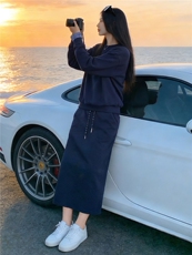 个性简约休闲时尚套装女春季袖口拼接色设计圆领卫衣半身裙两件套，女装套装/套裙，江南