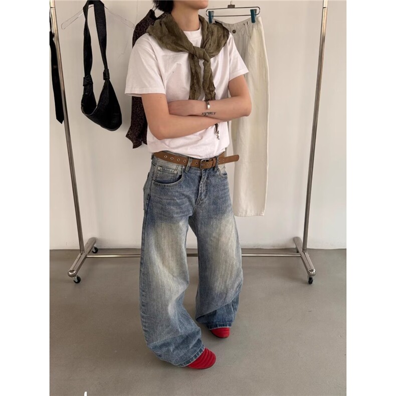 美式高街阔腿牛仔裤男女春秋新款高腰显瘦长裤N106-P55图片