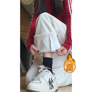 秋冬欧棉绒裤子男潮流宽松垂感直筒裤加绒运动阔腿卫裤休闲弯刀裤图片