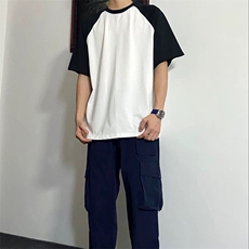 抖音得物高品质二开240克宽松纯棉美式潮牌插肩袖拼接短袖T恤，男装T恤，电商A486-1