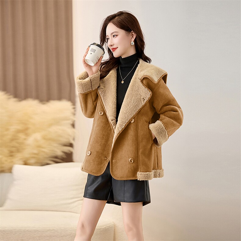 皮毛一体仿羊羔毛外套女2024冬季新款上衣,女装短外套,秀美人生