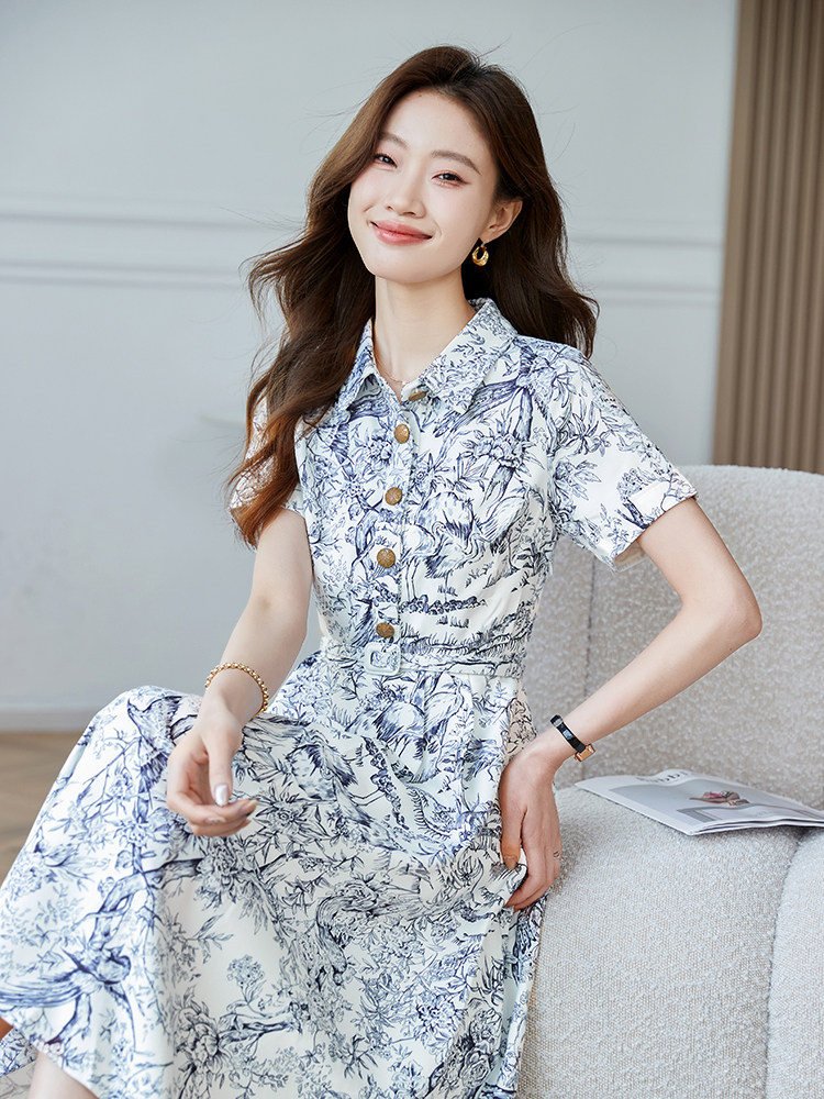 时尚高腰水墨印花连衣裙女2025夏季新款时尚休闲短袖长裙,女装连衣裙,时尚风爆