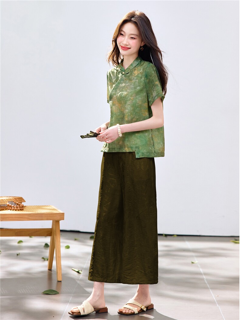 长期现货2026夏装新款时尚两件套装女提花新中式衬衫T阔腿腿裤女,女装套装/套裙,璐依舞