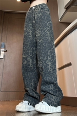 美式高街复古豹纹牛仔裤男女同款秋季小众设计感阔腿裤直筒长裤子，男装牛仔裤，电商A022