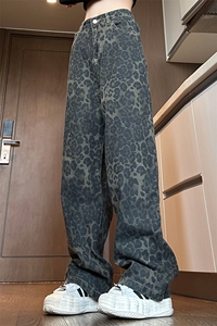 美式高街复古豹纹牛仔裤男女同款秋季小众设计感阔腿裤直筒长裤子图片