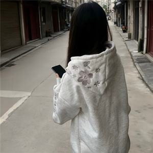 美式高街重磅字母花卉刺绣连帽卫衣男女情侣小众高级外套图片