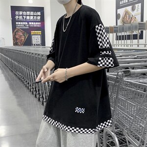 2023夏季高街小众设计感潮牌半袖棋盘格拼接短袖T恤男 T1314-P30图片