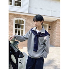 网图假两件卫衣韩版老钱风披肩撞色翻领卫衣外套WY112-P75，男装卫衣，星座1001-1