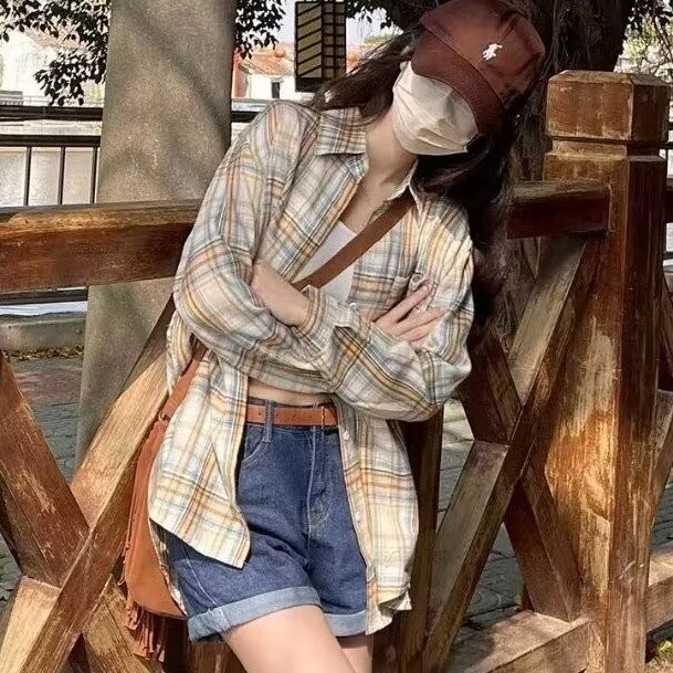 美式复古polo领格子衬衫宽松港风幂式穿搭设计感防晒开衫长袖上衣图片