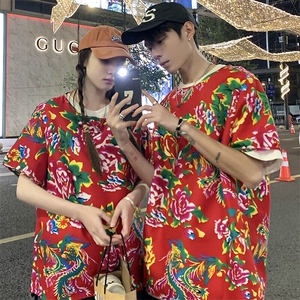 HT203夏情侣东北大花民族风牡丹花圆领短袖T恤青少年大码男女潮图片