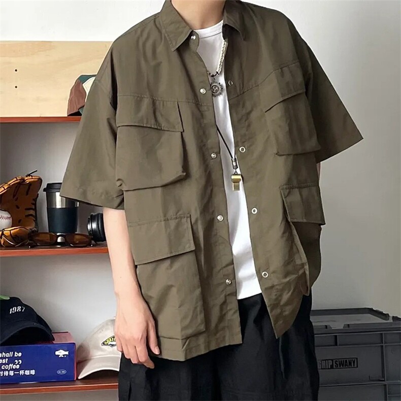 CS3164p65限98日系休闲学生复古潮流设计感多口袋尖领衬衣,男装衬衫,电商A089-1