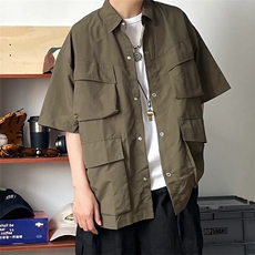 CS3164p65限98日系休闲学生复古潮流设计感多口袋尖领衬衣，男装衬衫，电商A089-1