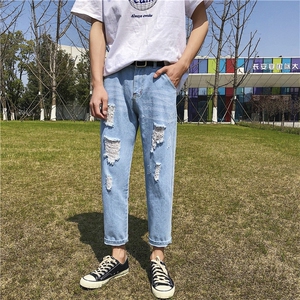 现货主推 夏装chic韩版破洞牛仔裤潮流九分裤日系小脚裤 N图片