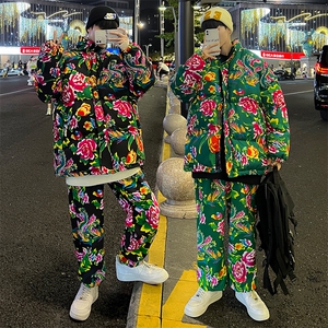 东北大花棉衣套装风汉服套装加厚保暖防寒棉服加绒裤机车H203图片