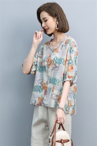 2021夏季新款时尚气质花边领宽松休闲舒适花色上衣图片