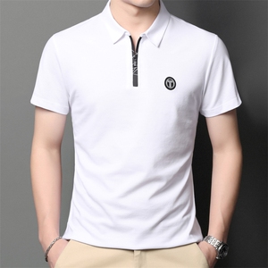 夏季新款男士翻领短袖t恤中年有领男装上衣服休闲拉链图片