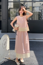2025夏季女新款粉色初恋风法式温柔气质蕾丝拼接背心半身裙两件套，女装套装/套裙，韩蜜菓