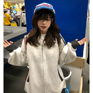 抖音得物高品质美式高街重磅结构设计拼接织带立领卫衣外套CM42,女孩穿搭夏150cm图片