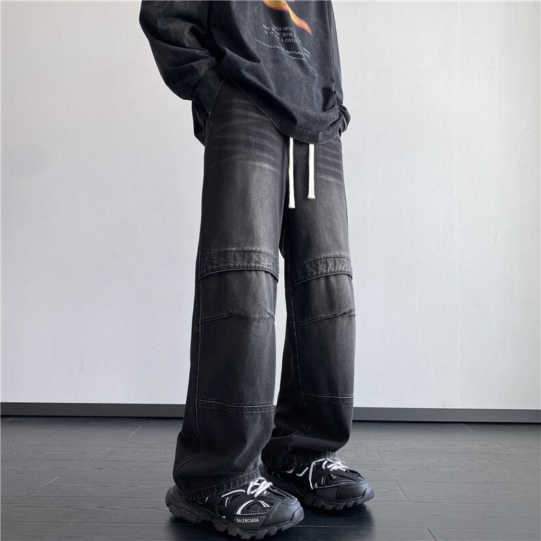 美式高街潮流拼接松紧腰复古水洗宽松牛仔裤B315-K24273-p55控78,男装牛仔裤,电商B315