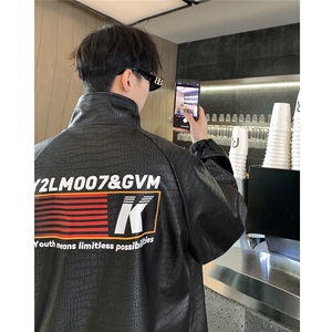 2025港风鳄鱼纹面料条纹印花图案大码M-5XL夹克男JK77742P85图片