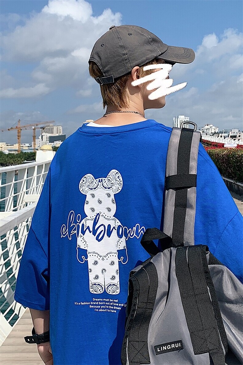 1港风小熊印花休闲情侣日系潮大码M-5XL短袖T恤男DT7736P25控38,男装T恤,星座226-2