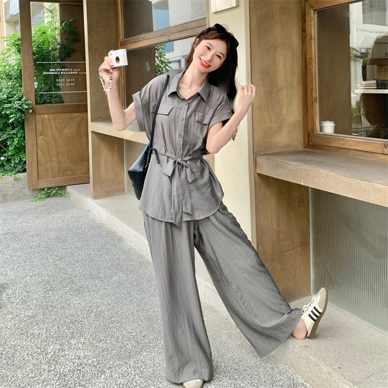 灰色衬衫套装女时尚高级感宽松阔腿裤两件套223-1376P145K218,女装套装/套裙,莘蕾