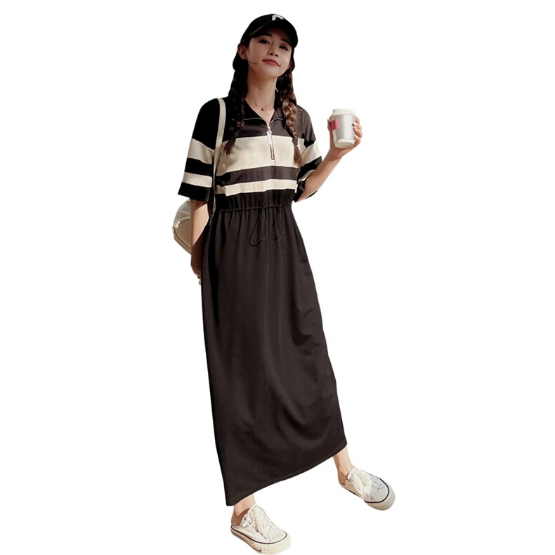 黑白拼接polo领连衣裙女2025夏季新款韩系休闲收腰显瘦直筒T恤裙,女装连衣裙,2C051