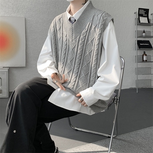韩系叠穿复古麻花针织衫马甲男学院风早秋穿搭上衣服背心9097P58图片
