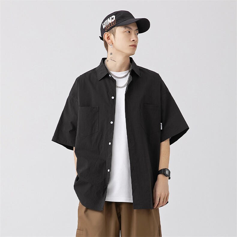 日潮复古纯色口袋短袖衬衫春夏款潮牌工装衬衣外套K1712-P45控78,男装衬衫,电商A362