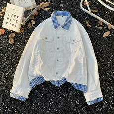 美式复古格子拼接假两件牛仔外套男女cleanfi情侣夹克JK08645-P80，男装工装外套，星座308B-2