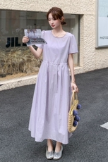 法式休闲收腰淡紫色连衣裙女夏2025新款独特洋气显瘦漂亮甜美长裙，女装连衣裙，2C256