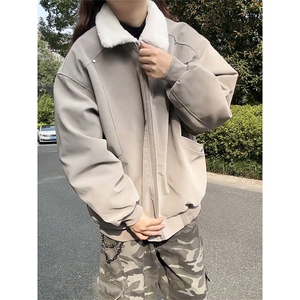 现货冬季美拉德毛领雾面PU皮棉服加绒加厚保暖百搭设计款情侣棉衣图片