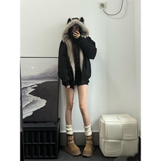 现货重磅硬挺boxy羽绒棉衣座山雕猫耳大毛毛领麂皮棉服冬外套，男装棉衣，电商A486