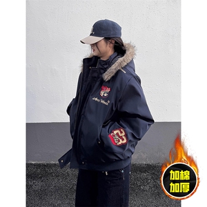 现货高品质美式高街重磅刺绣座山雕大毛毛领棉衣男女加厚棉服外套图片