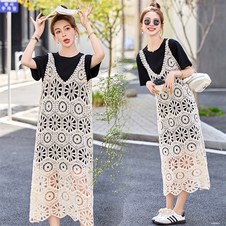 慵懒松弛感连衣裙女夏季2025新款韩版宽松遮肚显瘦蕾丝裙子两件套，女装套装/套裙，丽美静依