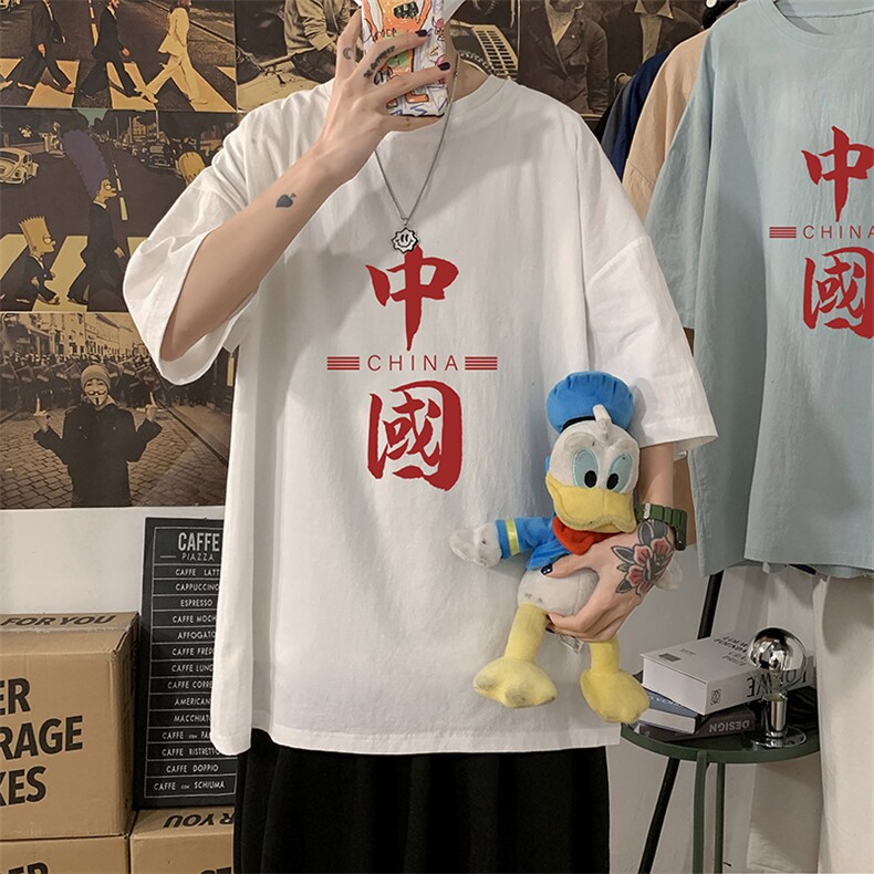 YT26198-P30 亚短袖t恤男大码五分袖男宽松七分袖 海报风图片