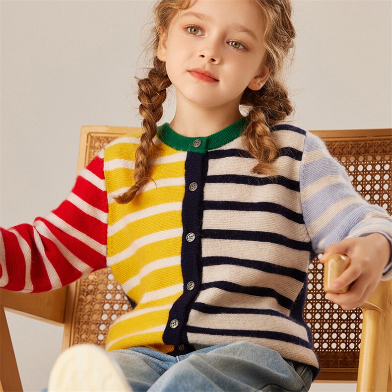 2024秋冬新款童装35%山羊绒12针彩条羊绒开衫，童装儿童羊绒衫，旭泰羊绒