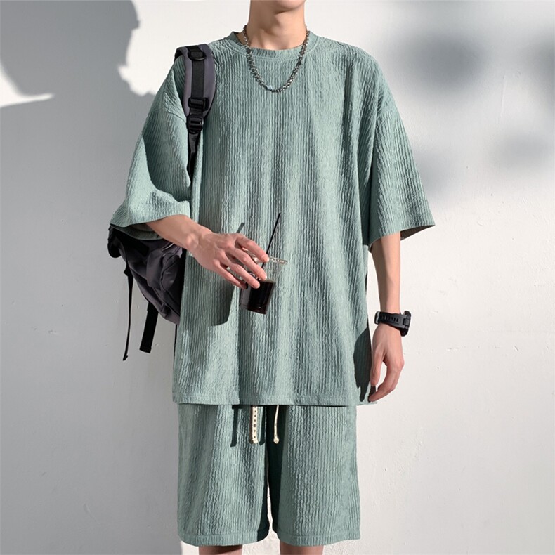 2024夏季新款港风光影墙大码冰丝短袖T恤套装M-5XHQ24481-P55,男装休闲套装,电商A022