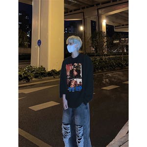 美式复古说唱歌手印花长袖T恤小领口打底衫图片