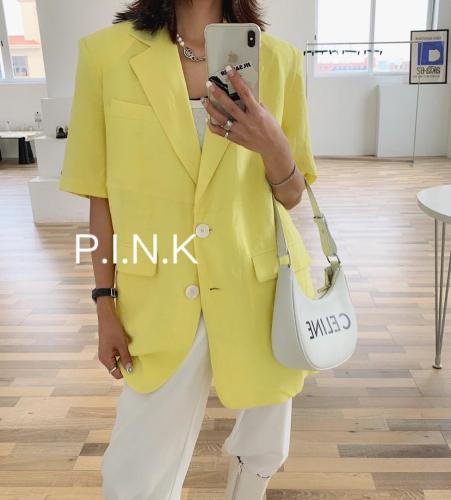 现货夏季新款棉麻彩织短袖西服当季连衣裙,女装连衣裙,PINK