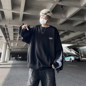 黑色假两件衬衫拼接卫衣男2025春秋新款设计感痞帅上衣服 WA48图片