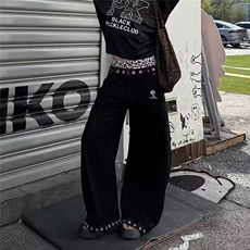 W11076-P60网图现货春季新款水洗做旧铆钉毛边拖地微喇叭牛仔裤，男装牛仔裤，星座1608